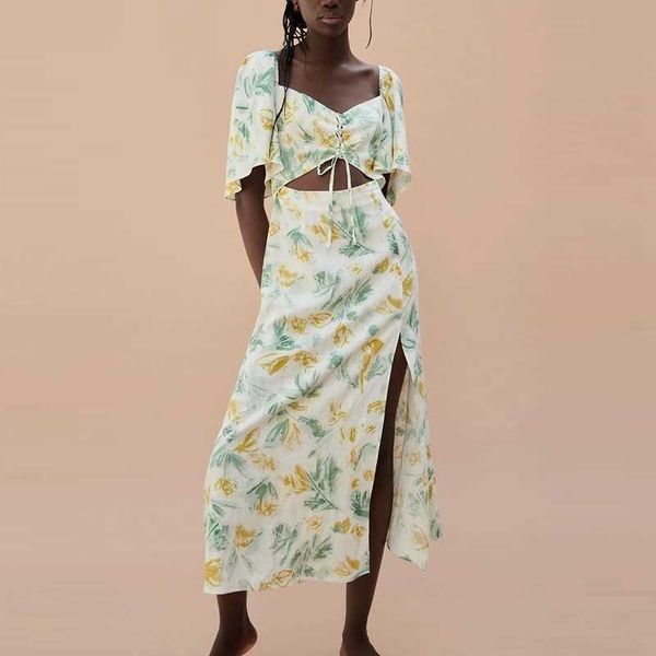 

summer fashion ruffles hollow out dress women square collar lace up split midi vacation beach 210525, Black;gray