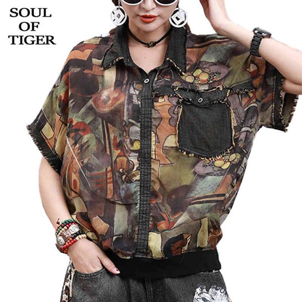

women's blouses & shirts soul of tiger summer korean fashion designer womens vintage ladies casual loose camouflage cotton streetwear t, White