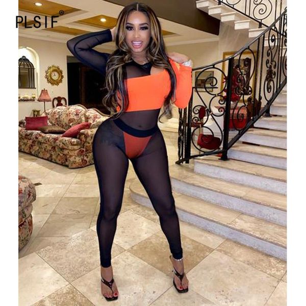 

women's jumpsuits & rompers club mesh see-through lady fashion patchwork catsuits design female, Black;white