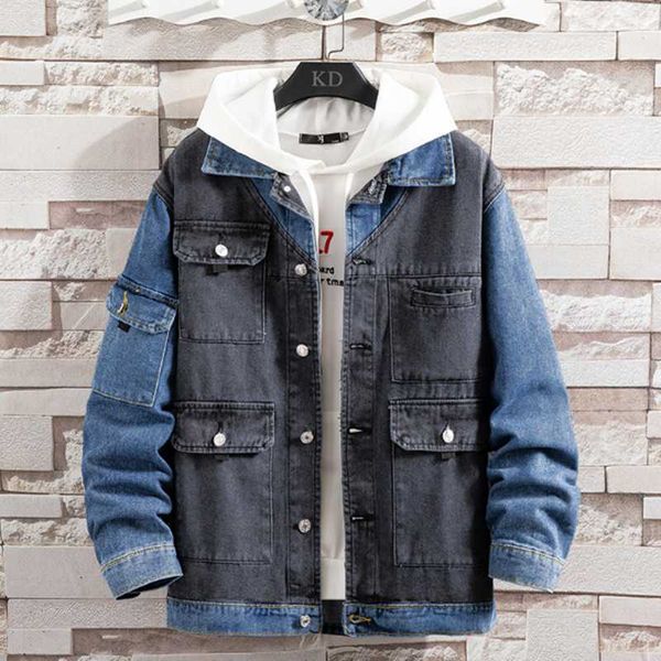 

men's jackets vintage mens autumn denim jacket colors mixed single breasted loose fit hip hop coat casual streetwear male cowboy, Black;brown
