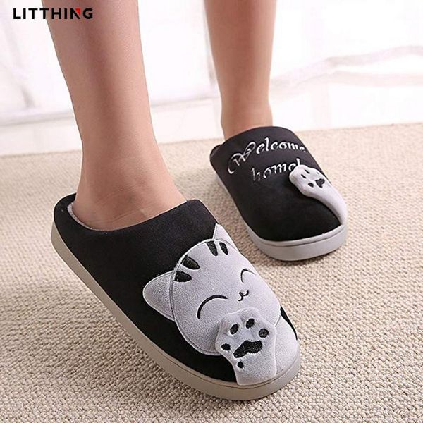 

women winter home slippers cartoon shoes non-slip soft warm house indoor bedroom lovers couples, Black