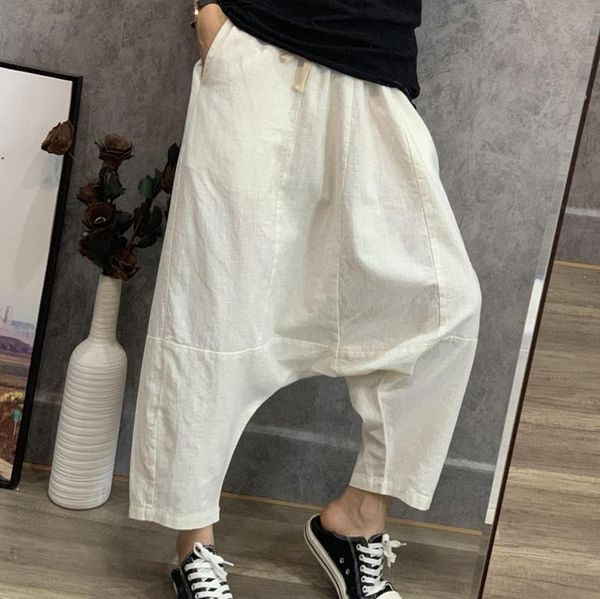 

women's pants & capris lanmrem 2021 summer fashion women harem flat elastic loose female linen and cotton trousers tide wg70801l, Black;white