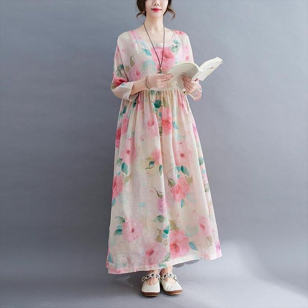 

arrival ramie linen loose women dresses summer print floral holiday travel casual office lady ol work long, Black;gray