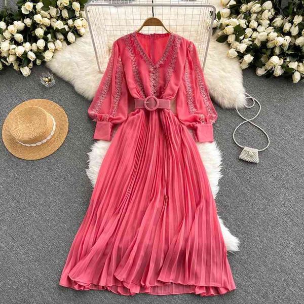 

lace patchwork pleated chiffon womens dress long autumn winter red black blue draped party vestidos with sashes female robe, Black;gray