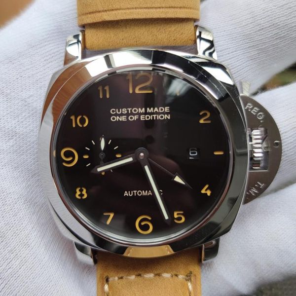 

wristwatches 44mm gmt watch men automatic mechanical power reserve stainless steel luminous waterproof leather strap date p3, Slivery;brown