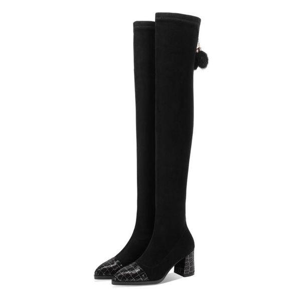 

boots full grain genuine leather handmade sheepskin fur high heels over the knee black shoes for woman short zipper med