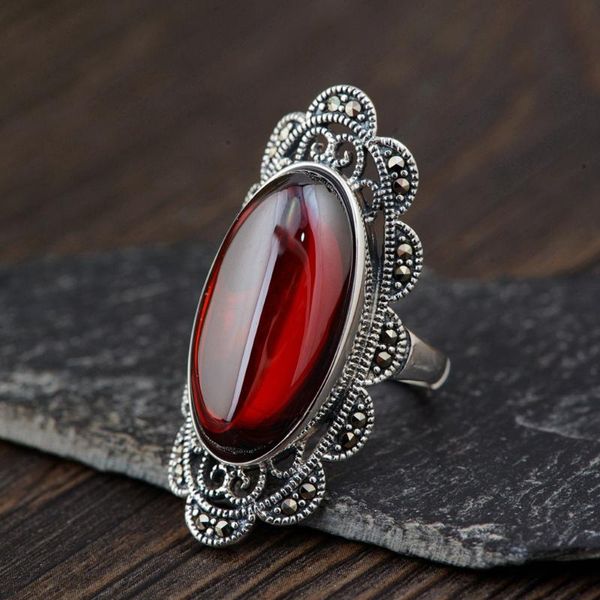 

cluster rings fnj marcasite 925 silver adjustable size 100% real s925 solid ring for women white chalcedony red zircon corundum, Golden;silver