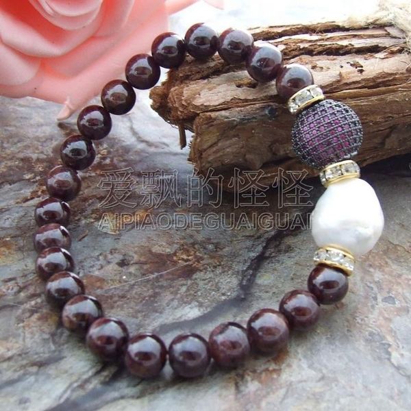 

beaded, strands women's 17mm white keshi pearl garnet cz bead bracelet, Black