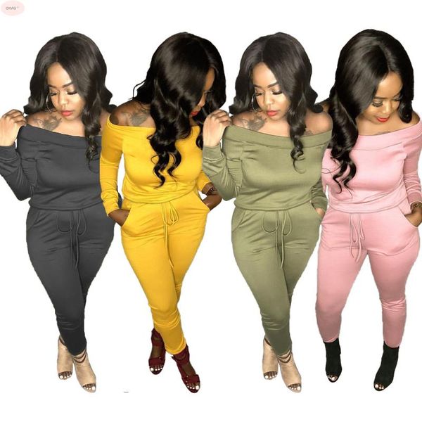 

women's two piece pants h3583 european and american autumn fashion solid color one shoulder casual suit, White