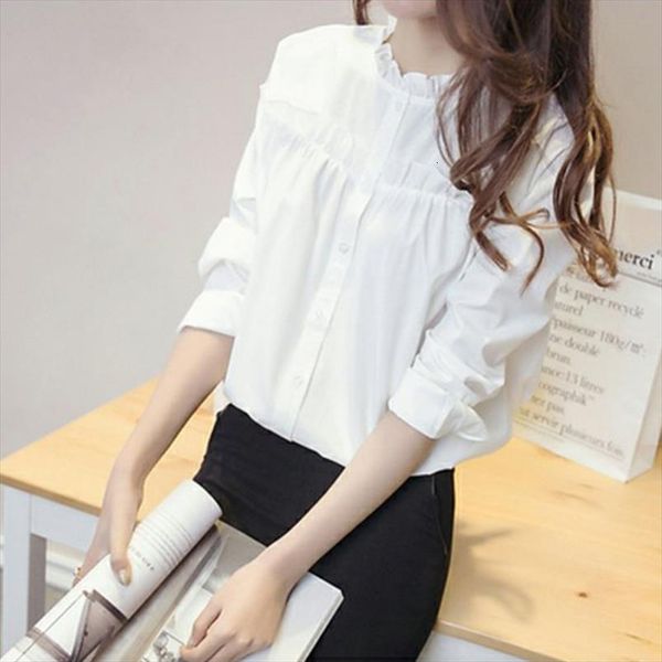 

white ruffled collar women blouses peplum long sleeve elegant plain female shirts high quality