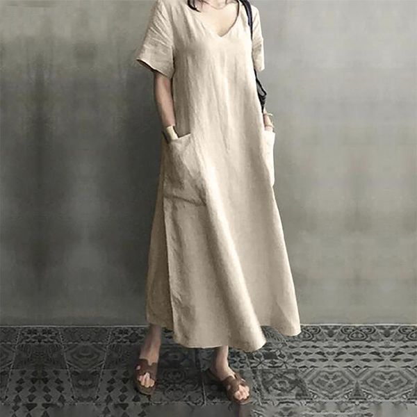 

casual dresses summer dress beach bohemian sundress women cotton linen retro short sleeve solid color pocket v neck, Black;gray