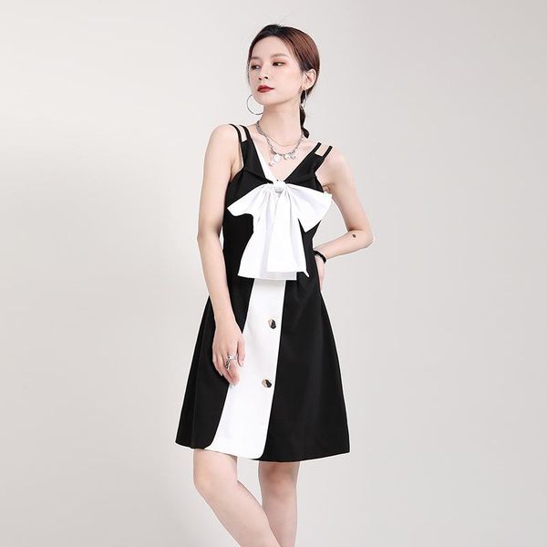 

casual dresses 2021 summer irregular patchwork design chic hit color bow strap vestidos backless single breasted woman dress, Black;gray
