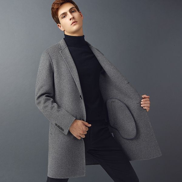 

men's wool & blends double wool warm mid-length jacket men's winter french business coat qdcv, Black