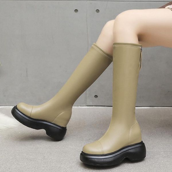 

boots zipper women's autumn round toe shoes clogs platform thigh high heels boots-women winter footwear ladies ro, Black