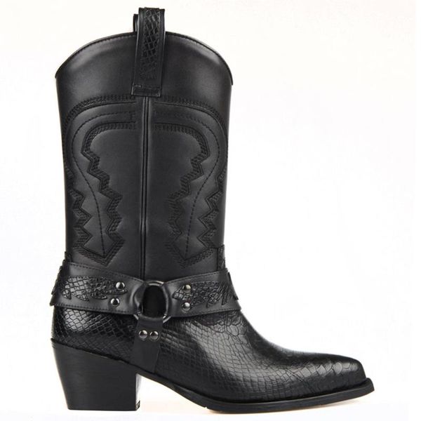 

boots footcourt- black genuine leather classic cowboy for women snake printed real leathers buckle mid calf pointed toe handmade