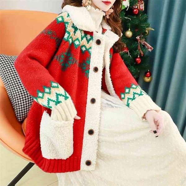 Costura de cordeiro de Natal Costura de malha camisola mulheres retrô geométrico jacquard cardigan casaco bolsos femininos botão 210427