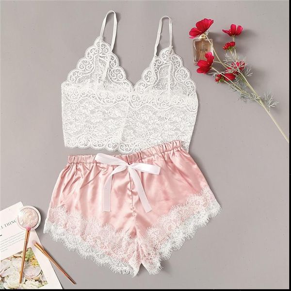 

floral lace bralette with satin women sleepwear shorts lingerie set summer sets ladies bra and panty underwear pajama pink, Black;red