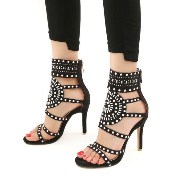 

spike high heels sandals women luxury rome gladaitor party dress nightclub lady shoes beads decor 2021, Black