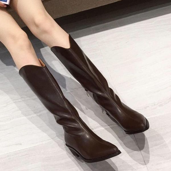 

boots retro pointy toe knee high botines mujer winter zip chunky heels western botas sew long tube riding botte women shoes, Black