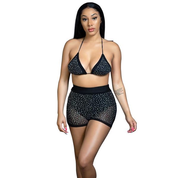 

women rhinestone bodycon deep v neck mesh two piece outfits backless mini club jumpsuits romper women's tracksuits, Gray