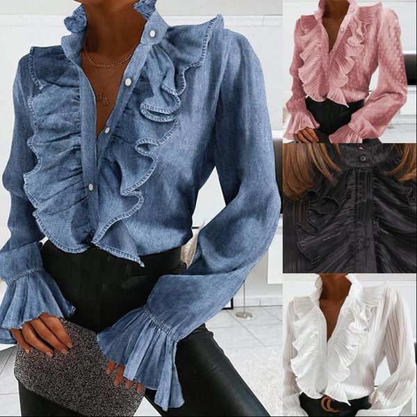 

elegant ruffles womens blouses v neck buttons retro denim blue long sleeve blouse office lady spring casual slim, White