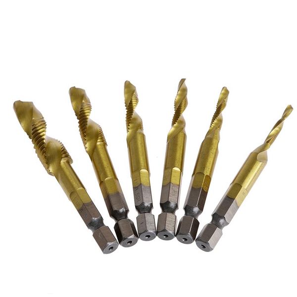 

hand tools 6 pcs/set hss4241 titanium coated drill bits hex shank spiral tap m3-m10 50lb