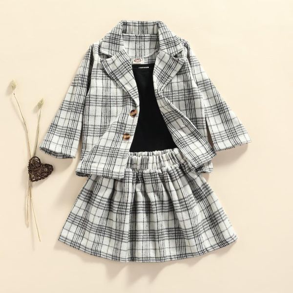 

clothing sets little girls 3pcs set leisure style plaid long sleeve lapel suit + short a-line skirt solid color camisole outfit, White