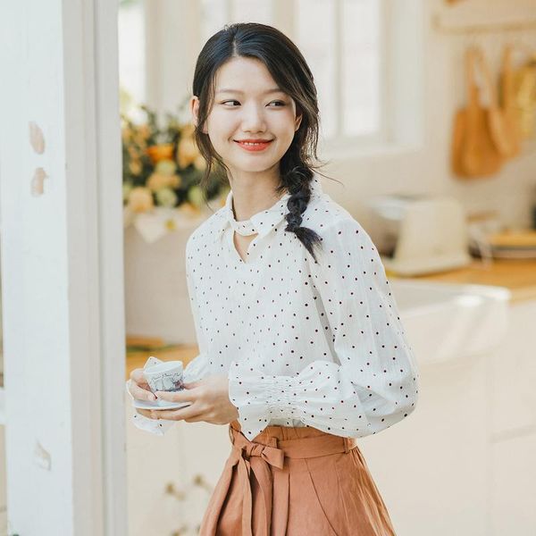 

women's blouses & shirts inman 2021 spring arrival literary candy color dot pattern turn down collar flare sleeve women blouse shirt, White