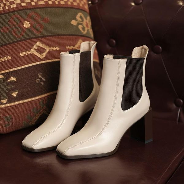 

boots classic square toe genuine cow leather ankle women thick high heel short shoes fashion stretch sock pumps, Black