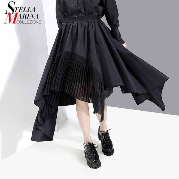 

skirts 2021 korean style women asymmetrical skirt solid black elastic waist pleated hem ladies stylish irregular femme 5884