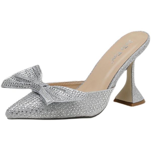 

sandals ladies slippers high heels flip-flops pointed bow party shoes, Black