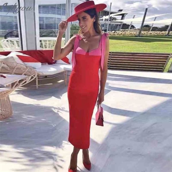 

summer red party bandage dress women fashion elegant spaghetti bow tight 210525, Black;gray