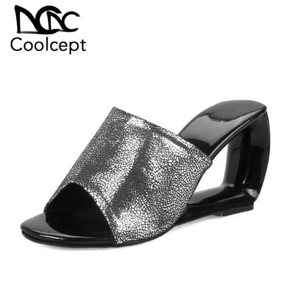 

coolcept women sandals fashion bling shine summer shoes strange hollow heel party slippers brand footwear size 33-43, Black