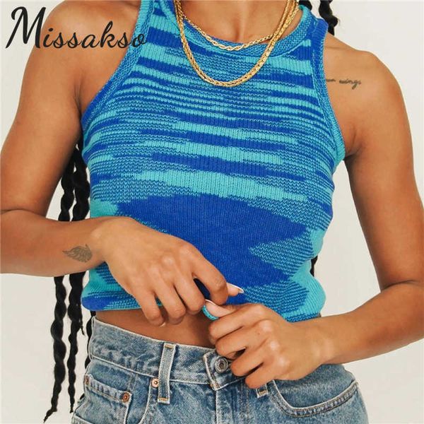 

missakso skinny knitted crop sleeveless summer women y2k basic casual o neck off shoulder tank blue fashion 210625, White