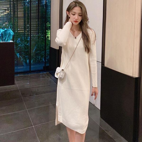 

casual dresses one-piece korean dress 2021 autumn winter women v-neck mid-length long sleeve slim pencil vestidos, Black;gray
