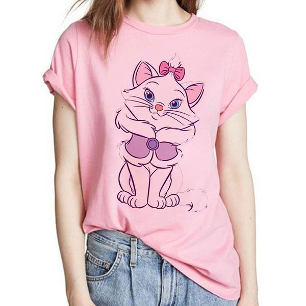 

women's t-shirt woman clothes korean 2021 summer kawaii cat print pink casual vintage aesthetic lady girls, White