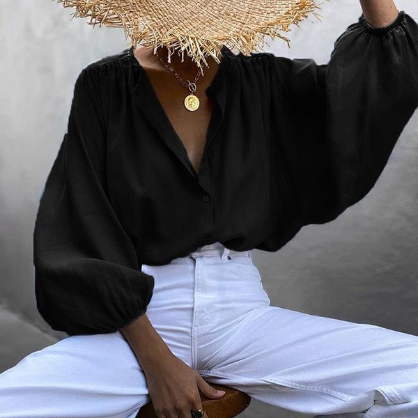 

women's blouses & shirts lantern long sleeve women solid color blouse spring autumn adults single-breasted shirt red black grey 2021, White