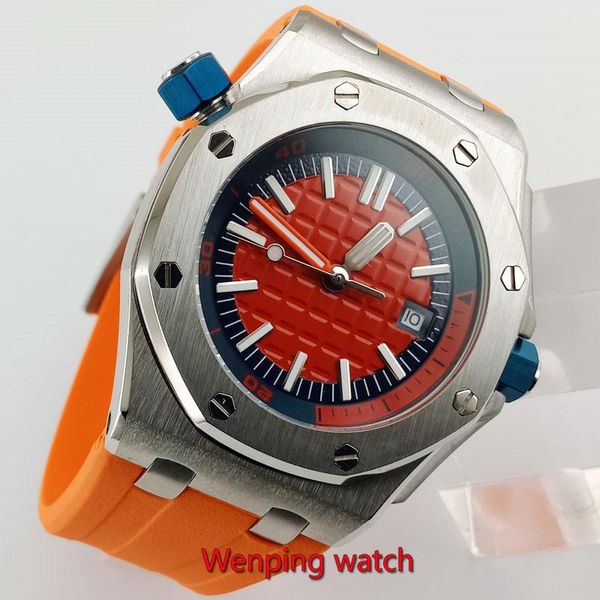

wristwatches 41mm men wrist watches sapphire glass watch rubber belt japan miyota movement automatic w2807, Slivery;brown