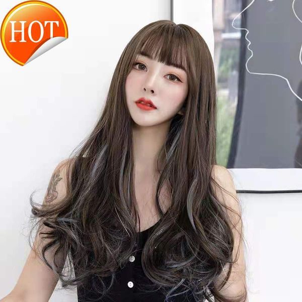 

wig female long curly hair cartoon bangs full head set fashion ribbon flash silk big wave, Black