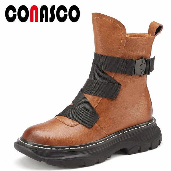 

boots conasco fashion punk women ankle autumn winter warm cow leather basic prom office retro motorcycle shoes woman, Black