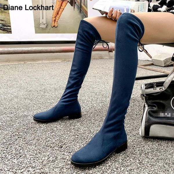 

boots square med heel women over the knee autumn winter shoes ladies flock stretch solid party long 33-43, Black