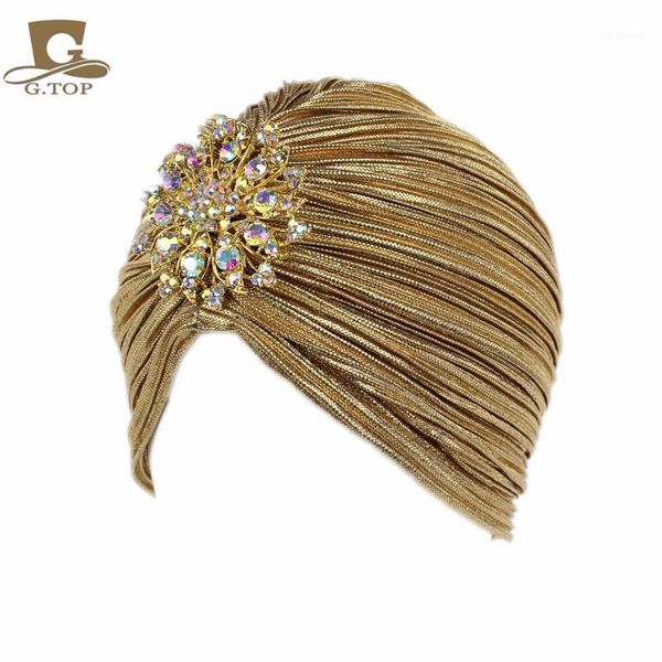 

fashion ladies gold silver diamond jewel turban hats for women chemo bandana hijab pleated cap turbante hat1