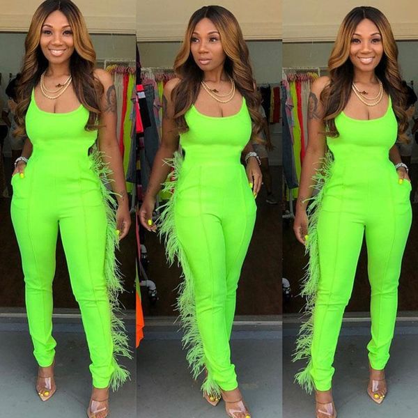 

women's jumpsuits & rompers neon green tassel trim jumpsuit womens spaghetti strap sleeveless bodycon long jumpsuit club par, Black;white