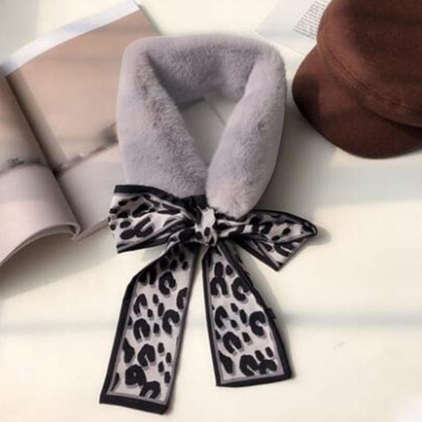 

scarves women bowknot splice easy matching winter fashion scarf soft neckerchief warm leopard print faux fur, Blue;gray