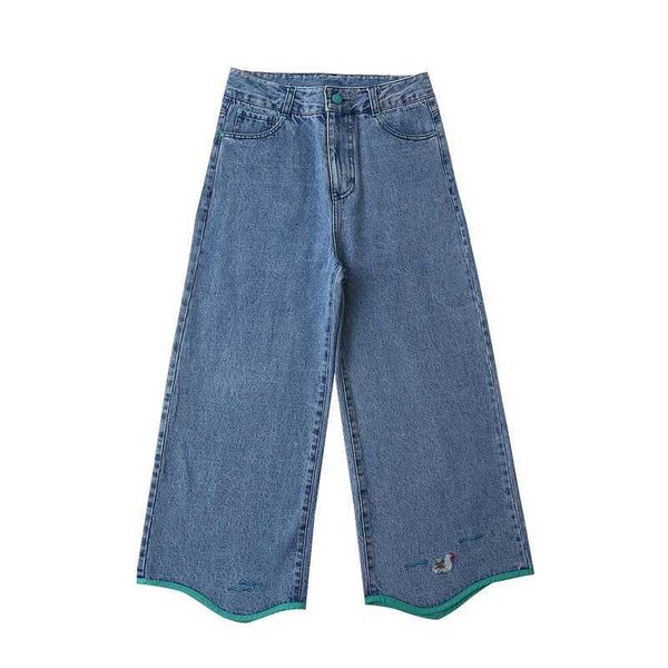 

blue cartoon embroidery washed casual flare jeans women summer wide leg denim pants ladies basic trousers 210526