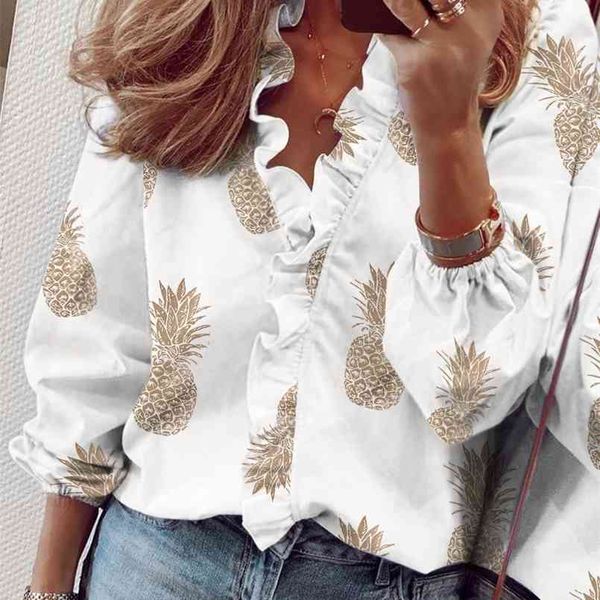 

ruffle blouse women shirt solid summer spring female v neck long sleeve pineapple printed casual slim ladies 210730, White