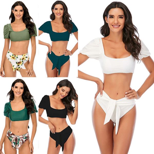 

bubble sleeve bikini one neck swimsuit high waistband bikini swimsuit, White;black