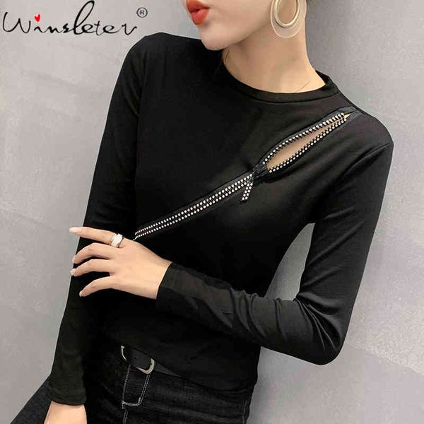 

women's t-shirt fall winter korean style women fashion solid zipper o-neck cotton ropa mujer bottoming shirt tees 2021 t, White