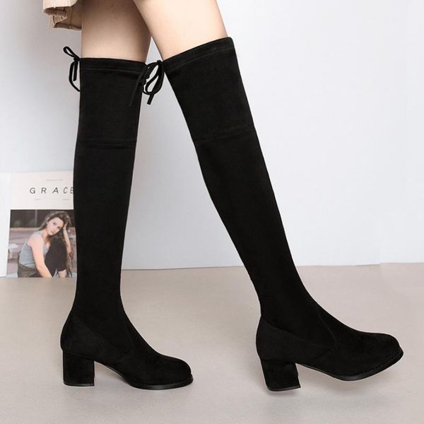 

boots long tube women's suede over the knee 2021 lady lace-up high heel women fashion elastic, Black