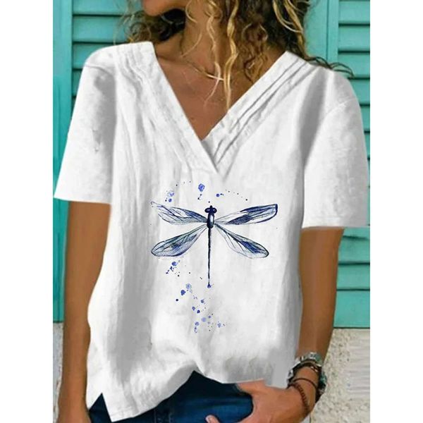 

t-shirt women's loose casual printed v-neck short sleeve ku06, White